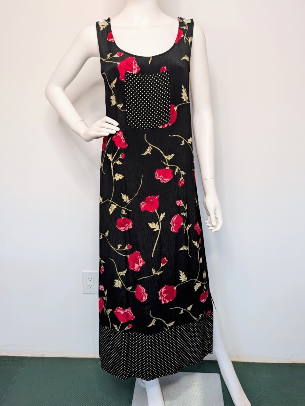 90s Black & White Polka Dot With Red Floral Patchwork Satiny Pinafore Maxi Dress